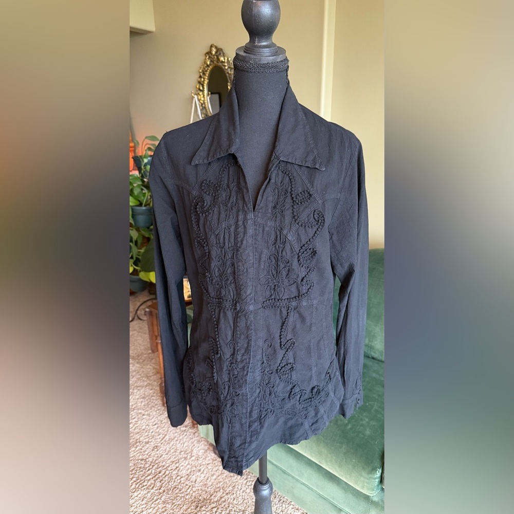 Caamano black embroidered button down shirt.